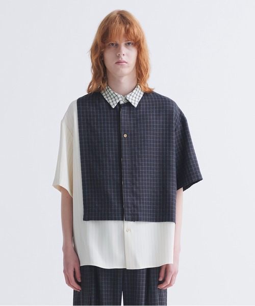 【極美品】  cullni シャツ CULLNI シャツ Check Asymmetrical Stripe Short Sleeve Shirt