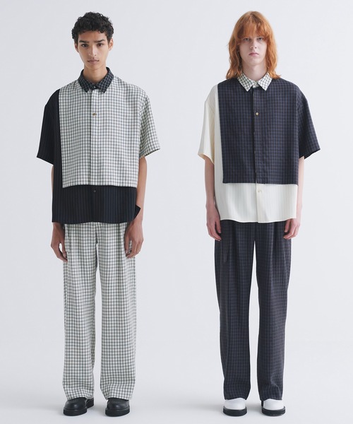 CULLNI シャツ Check Asymmetrical Stripe Short Sleeve Shirt