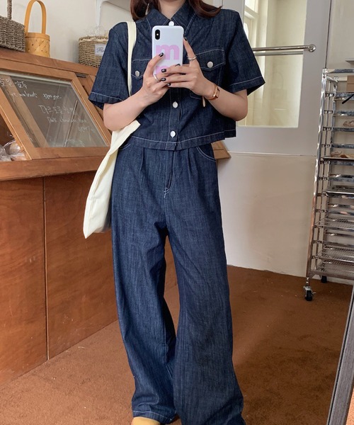 半袖シャツ／ワイドレッグパンツ デニムセットアップ r-1941 Z1975 ワイドレッグ プリーツ入りデニムパンツ - ブルー | ZARA