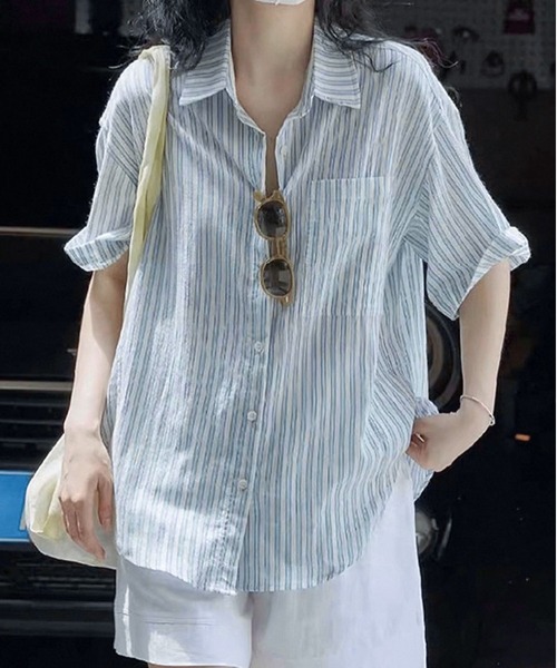BLANC FICELLE ブラウス シャツ 半袖 薄手 ストライプ 5分袖シャツ