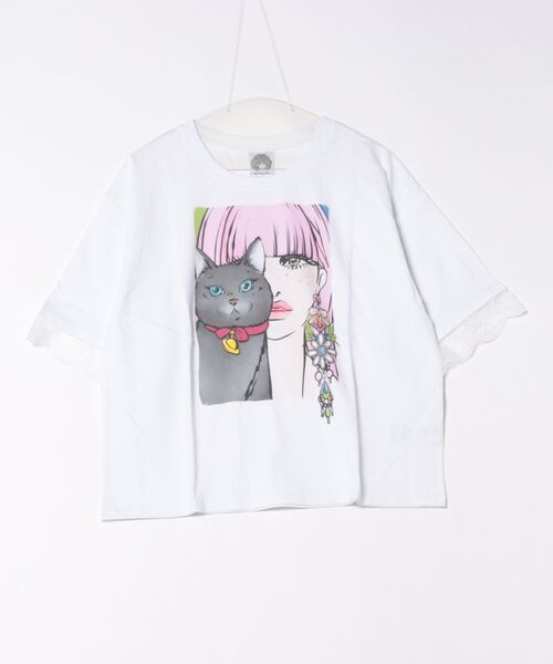 tシャツ 152705：ネコと女の子の自撮り柄 レース切替Tシャツ レディース