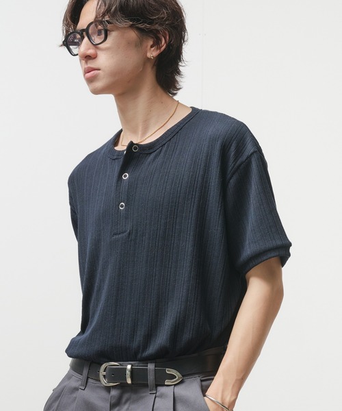 Adoon plain tシャツ Snap Button Henry Neck T-Shirt