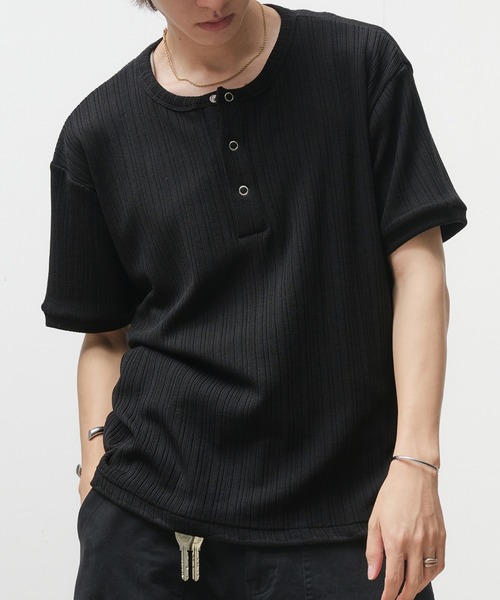 Adoon plain tシャツ Snap Button Henry Neck T-Shirt