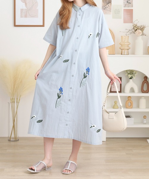 ☆新品☆Emago イマゴ 花刺繍リブワンピース フレア 大人ナチュラル