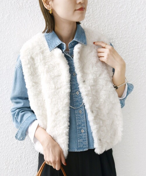 SHIPS ホワイトファーベスト ノースリーブ SHIPS ホワイトファーベスト