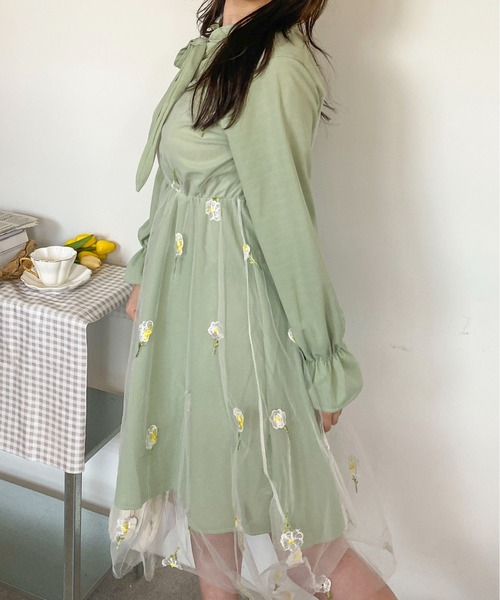 総刺繍 フラワー チュール ロング ドレス ワンピース 上品 高級感 日本製 Mejoul パーティードレス ワンピース フラワー刺繍チュールロング