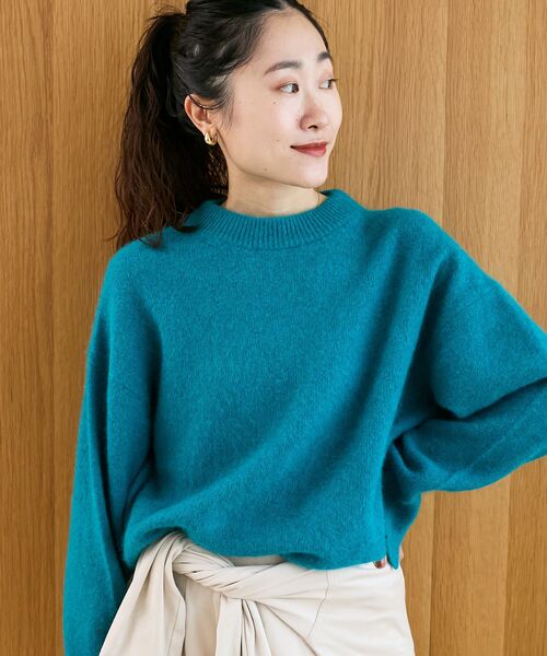 美品ジネス ラクーン モックネック ハイネックニット セーター ライトグリーン シルク混モックネックニット