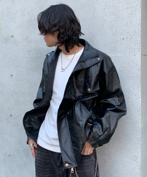 lilful 革ジャン ライダース オーバーサイズPUレザースタンドネック