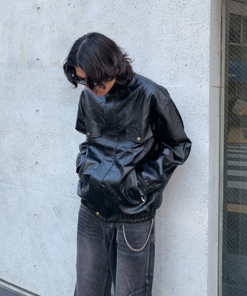 lilful 革ジャン ライダース オーバーサイズPUレザースタンドネック