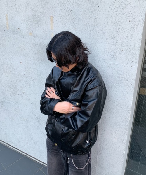 lilful 革ジャン ライダース オーバーサイズPUレザースタンドネック