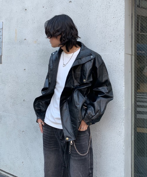lilful 革ジャン ライダース オーバーサイズPUレザースタンドネック
