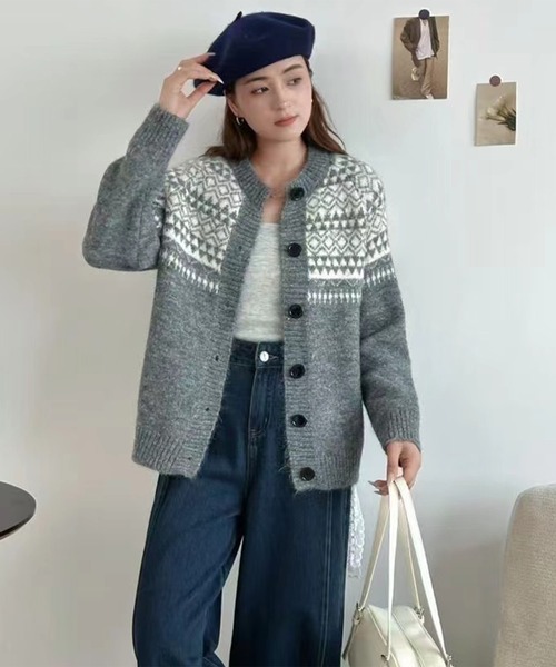 nonomi カーディガン ノルディック柄ジャカード 前ボタンふわふわ