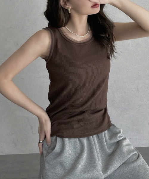 TREOVER タンクトップ ノースリーブ チュールリブタンクトップ