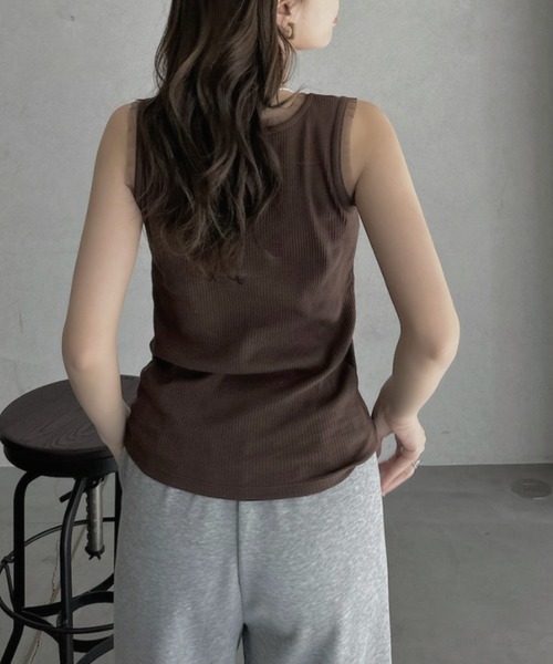 TREOVER タンクトップ ノースリーブ チュールリブタンクトップ