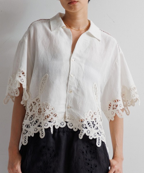 LEIN ブラウス シャツ 半袖 バテンレースオープンカラーシャツ WOMENS