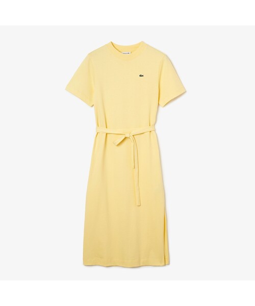 LACOSTE✨️ロングワンピース グリーン ベルト フレア Aライン 刺繡 セール】 ストレートラインロングTシャツドレス （ロング