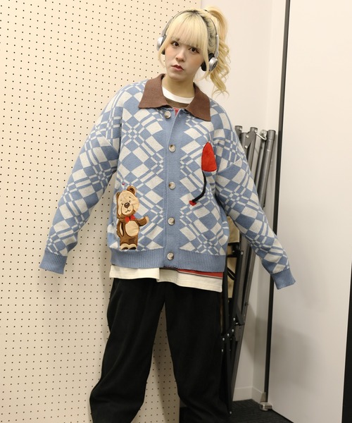 古着　ヴィンテージ　カーディガン　デザインカーディガン　ファンシー　くま　個性派 古着 60s Towncraft Penneys 刻印ボタン オール ストライプ シャギー