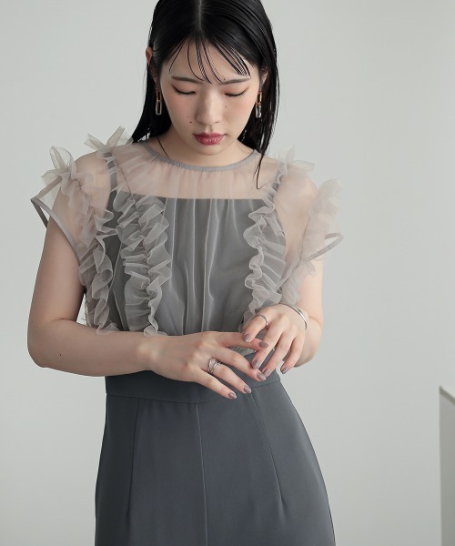 グレー フリル付き パンツドレス　オケージョンドレス フリルオールインワンパンツドレス 結婚式 二次会 同窓会 成人式