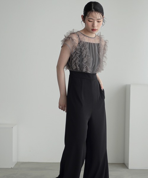 グレー フリル付き パンツドレス　オケージョンドレス Callarus パンツドレス 「Callarus」「結婚式・お呼ばれ