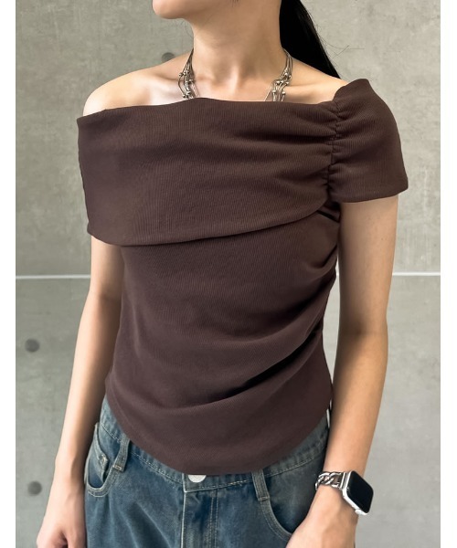 Re:EDIT tシャツ リブカットソーアシンメトリーオフショル