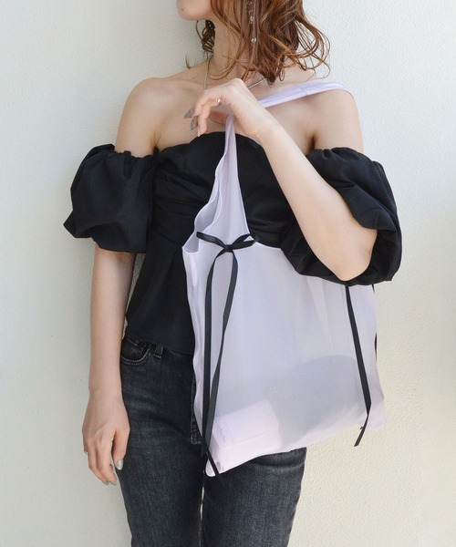 【BLACK】オフショルダー パフスリーブ ブラウス styiro（スタイロ） ブラウス シャツ パフスリーブオフショルダー