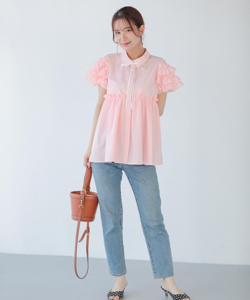 fitmore リボン付きフリル長袖シャツ Fit more ブラウス シャツ グログランリボン袖フリルブラウス