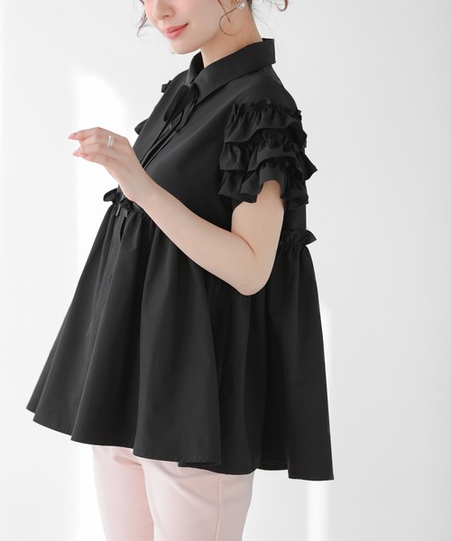 ブラウス シャツ グログランリボン袖フリルブラウス レディース Fit more ブラウス シャツ グログランリボン袖フリルブラウス