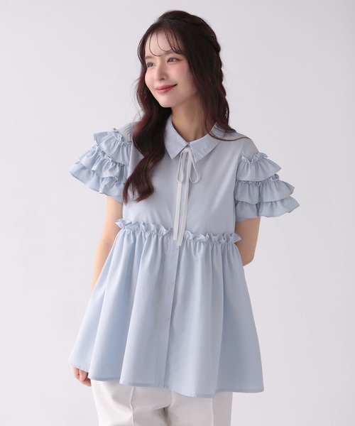 【新品】Fit more グログランリボン袖フリルブラウス Fit more（フィットモア） ブラウス シャツ グログランリボン袖フリル