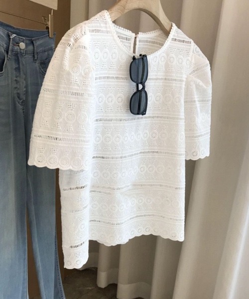 tシャツ 袖タック入りラウンドネックレーストップス レディース