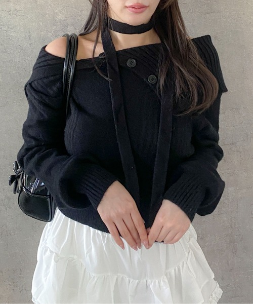 Mejoul ニット セーター 2wayチョーカー付アシンメトリーボタン