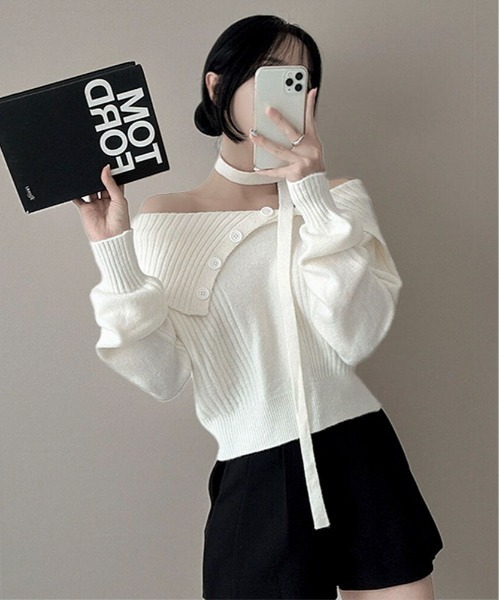 Mejoul ニット セーター 2wayチョーカー付アシンメトリーボタン