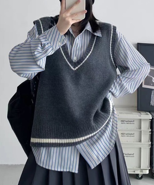 GEMEDA ベスト ジレ 「秋冬新作」Vネックライン配色ニットベスト