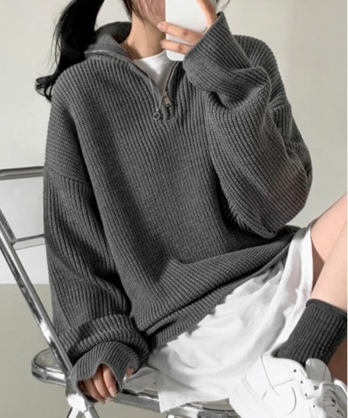 グレー ハーフジップ オーバーサイズセーター ニット セーター ハーフジップ オーバーサイズニットトップス