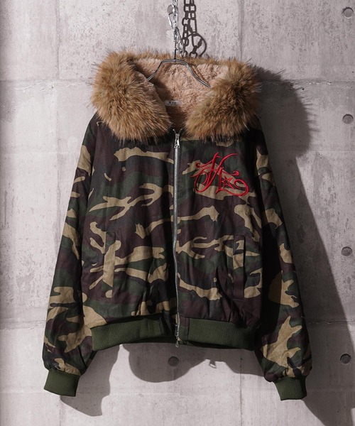 ジャケット・アウター camouflage fluffy top ブルゾン アウター フードファー クロップド 迷彩 ジャケット / Hooded