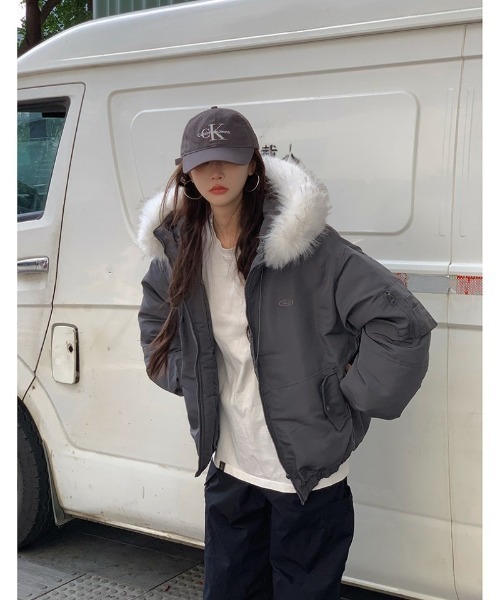 ダウンコート ダウンジャケット フェイクファーフード付き スタンド