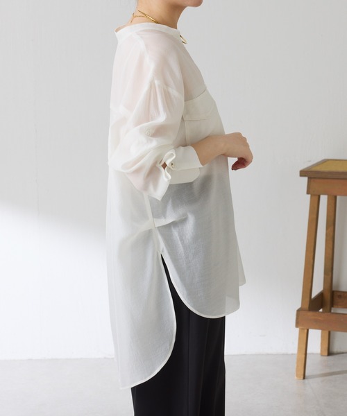 ブラウス シャツ すっきり見え/着丈調整ができるヴィンテージライクシアーシャツ/WEB限定カラー・サイズ展開 レディースの画像