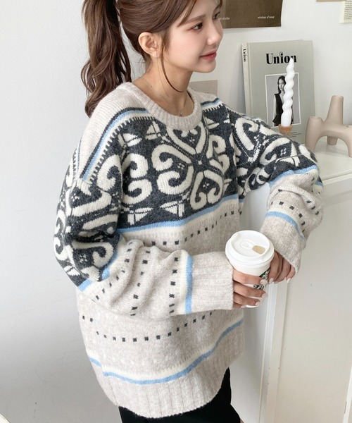 美品✨　45R　ジャガード　ニット　カシュクール　ベルト　ノルディック柄 ノルディック柄ジャガードニット ニット レディース[品番：GW000004454