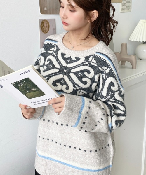 ニット セーター ノルディックジャガードニットプルオーバー