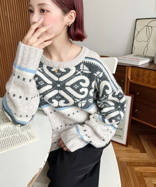 マチャット MACHATT ノルディックジャガードニット ｜グレー ベージュ トップス セーター 長袖【2400014895308】 マチャット MACHATT ノルディックジャガードニット ｜グレー ベージュ