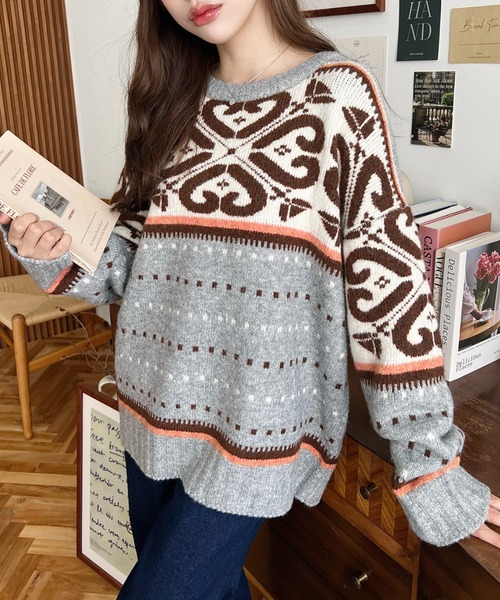 ニット セーター ノルディックジャガードニットプルオーバー