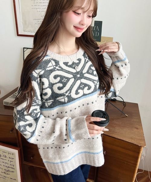 Allumer　アルパカジャガードクルーネックニット ノルディック　セーター Allumer アルパカジャガードクルーネックニット ノルディック セーター