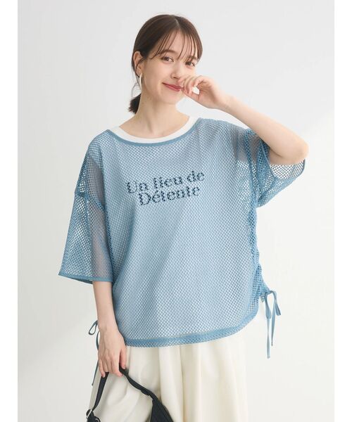 JUN AND ROPE ブルーメッシュノースリーブシャツ S SS】WOMEN ストレッチピンメッシュ ノースリーブシャツ ネイビー