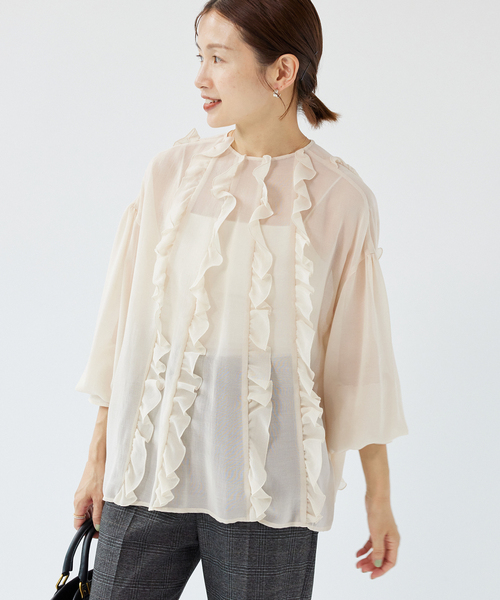 IENA シャツ ブラウス シアーガーゼラッフルブラウス レディース 