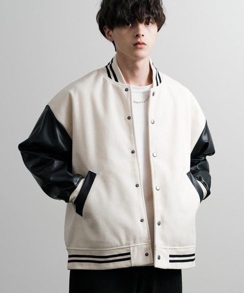 【JACKROSE】スタジャン レザー　本革　メルトン　S WARDROBE SMART】ブラックメルトン レザーライク スタジャン