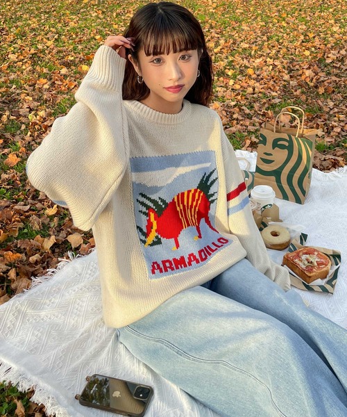 ニット セーター ロゴジャガードライン入りニット レディース