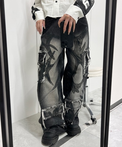 ジーンズ デニム デニムパンツ グラフィックペイントカーゴバギー