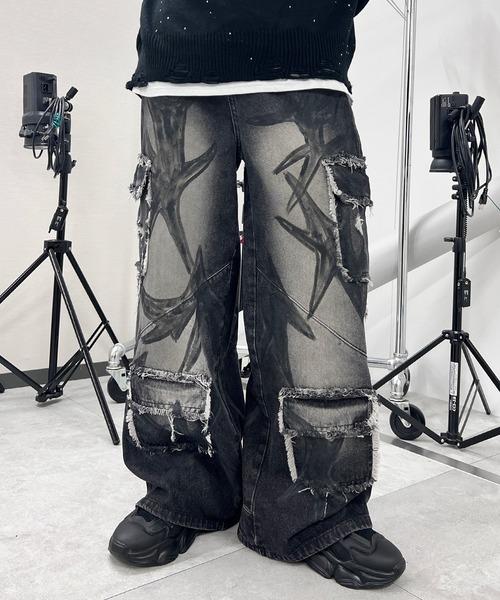 ジーンズ デニム デニムパンツ グラフィックペイントカーゴバギー