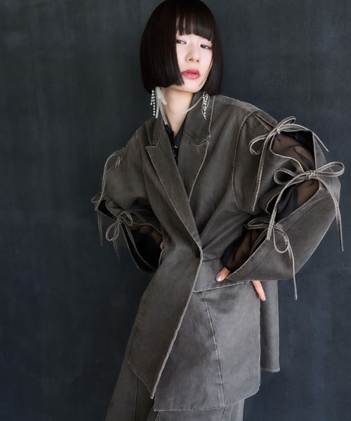 可愛い テーラード ジャケット リボン コート OLIVE des コート アウター 「リボン取り外し可能」袖リボン