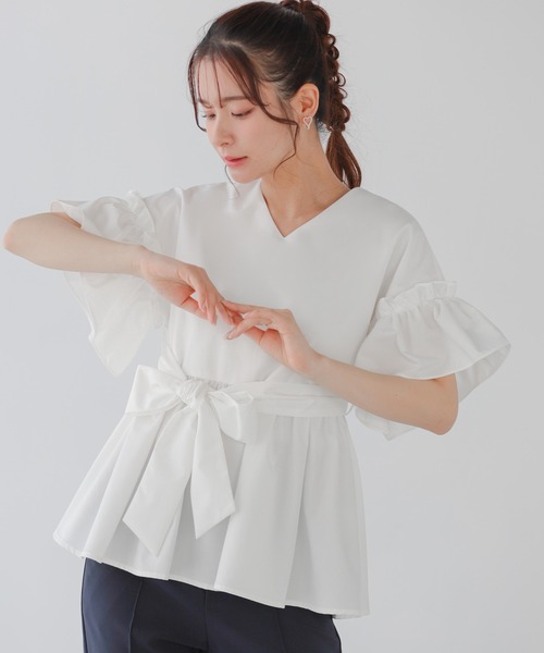 新品　MI AND MOU 白 アイボリー ストライプ サイドリボン ペプラム Fit more（フィットモア） ウエストリボンベルトドルマンペプラム
