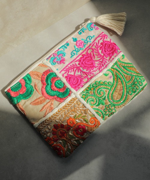 ポーチ 刺繍 サリーパッチワーク フリンジ フラット インド